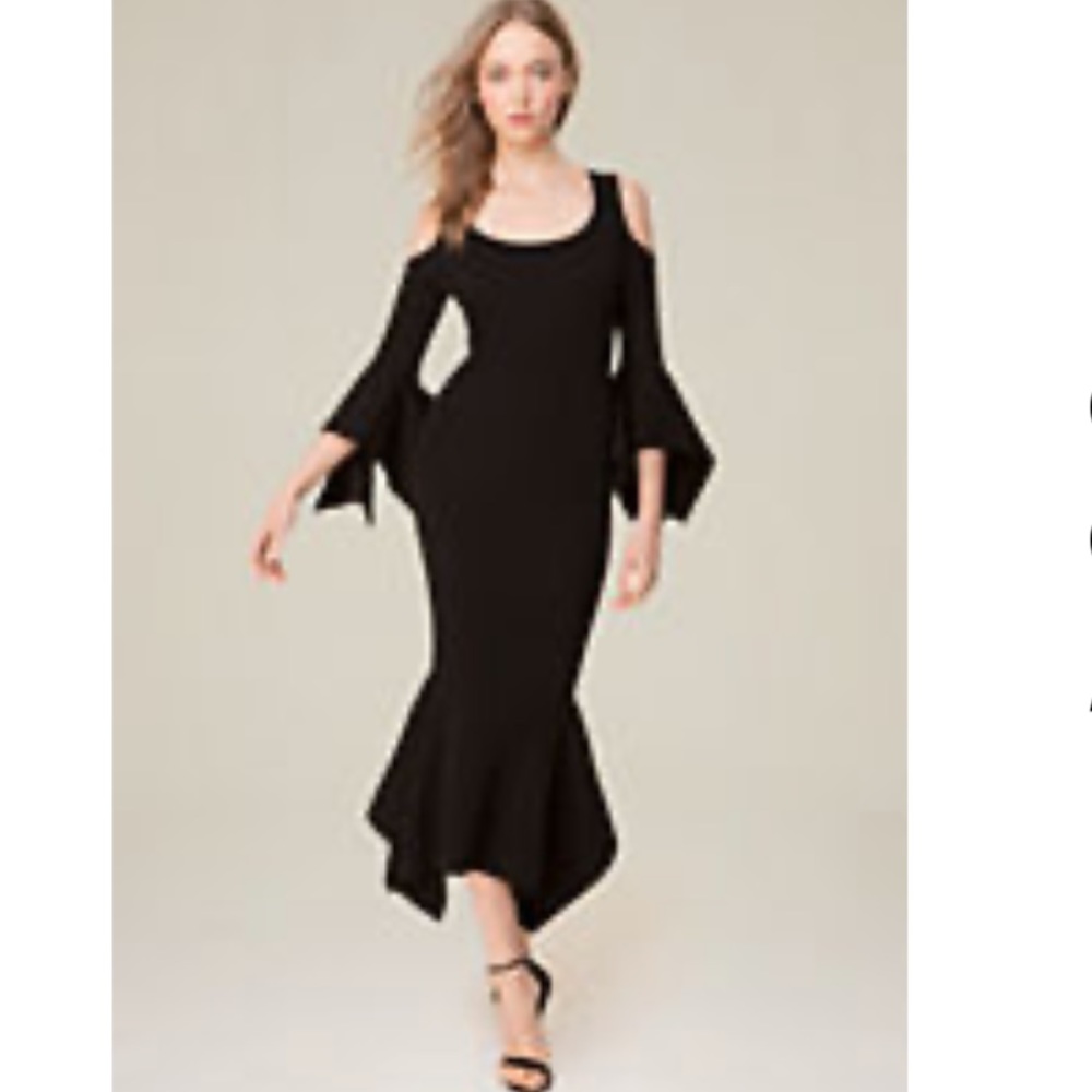 Bebe Cold Shoulder Knit ruffle hem midi dress